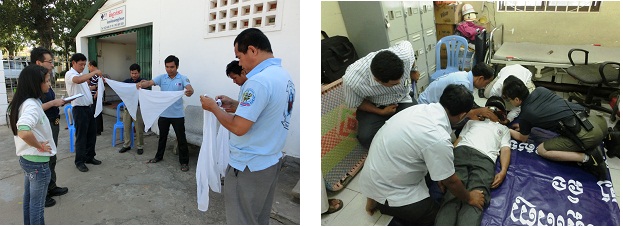 Use of a triangular bandage (left) Training in dealing with motorbike accidents (right)