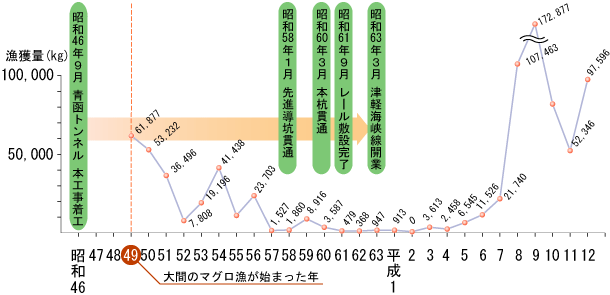 大間マグロ漁獲量と青函トンネル工事グラフ