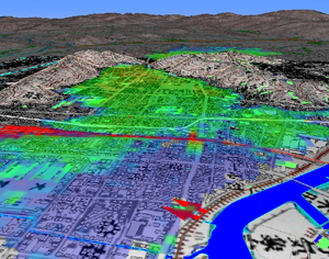 図1 DioVISTA/Flood Simulatorによる水害シミュレーションの動作画面。