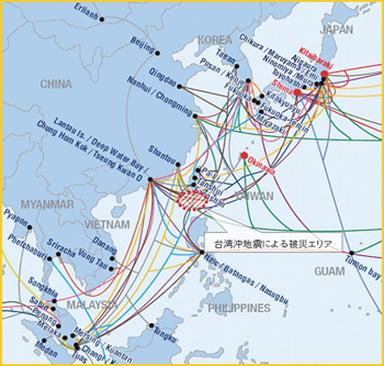 図1 台湾沖海底ケーブル故障エリア
（出典：NTTコミュニケーションズ）