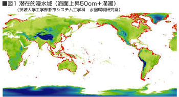 ■図1 潜在的浸水域（海面上昇50cm＋満潮）