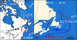 ■図1 ニューファンドランド島と船体着氷ゾーン