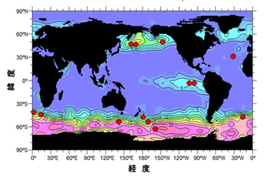 ■海洋表層における硝酸塩濃度（μM）の分布と鉄撒布実験の実施海域