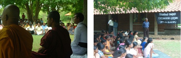 ラーニング・セッションの様子（左：平和について考えるプログラム、右：研修を補助する通訳とファシリテーター）
