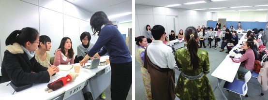 （左）授業風景　　（右）早稲田大学の学生との交流会