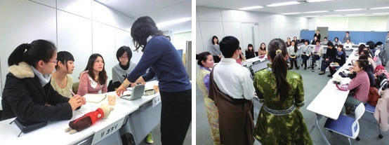 (左)授業風景 (右)早稲田大学の学生との交流会