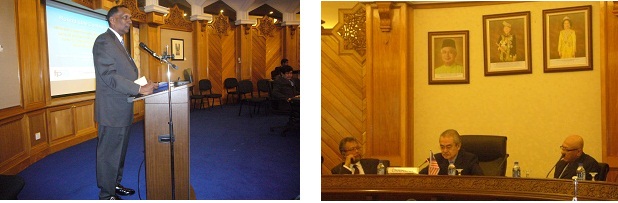 左：歓迎の辞（FPSG副会長、Mr. Santhananaban） 　 　　右：基調講演（マレーシア前首相、Mr. Badawi)）