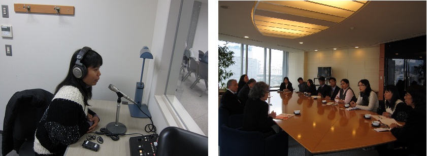 左:日本財団ビル会議室内同時通訳ブースでの通訳訓練 右:笹川日本財団会長表敬訪問