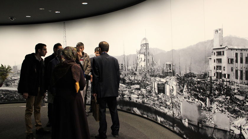 The students view exhibits at the Hiroshima Peace Memorial Museum