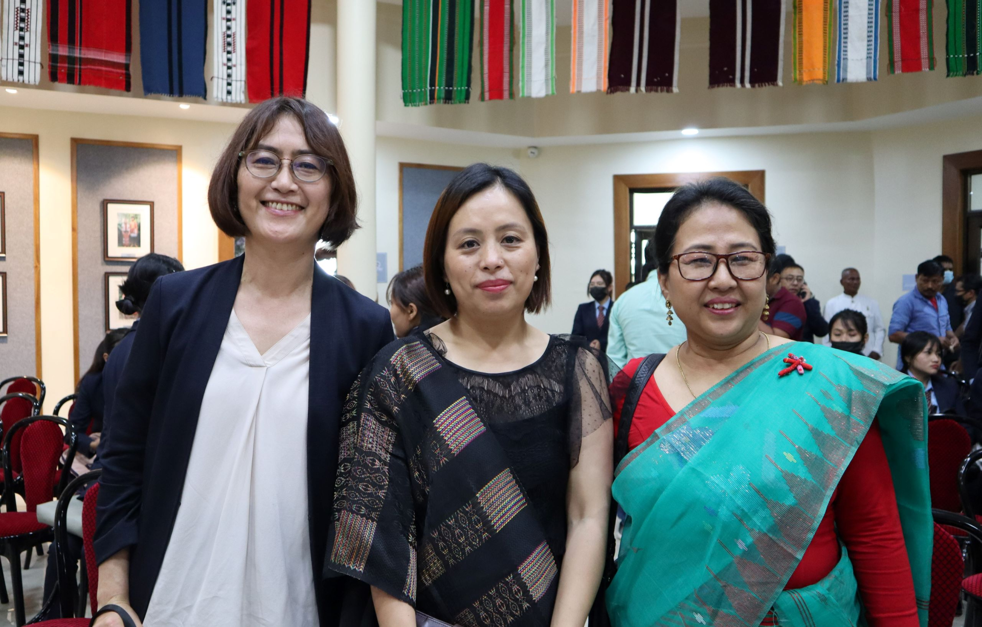 From left: SPF Senior Program Officer Yui Nakamura, Ms. Sesino, and Independent Researcher Thingnam Anjulika Samom at the Imphal Peace Museum anniversary celebration