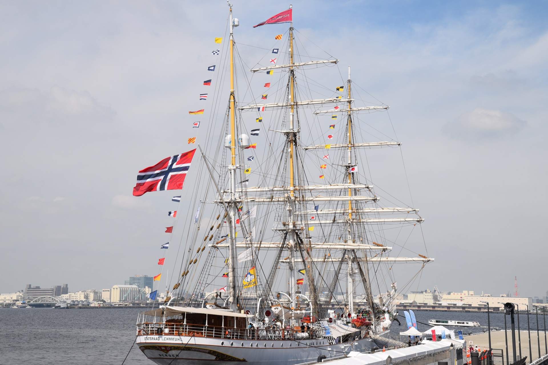 Norwegian tall ship, Statsraad Lehmkuhl, calling at Yokohama Hammerhead