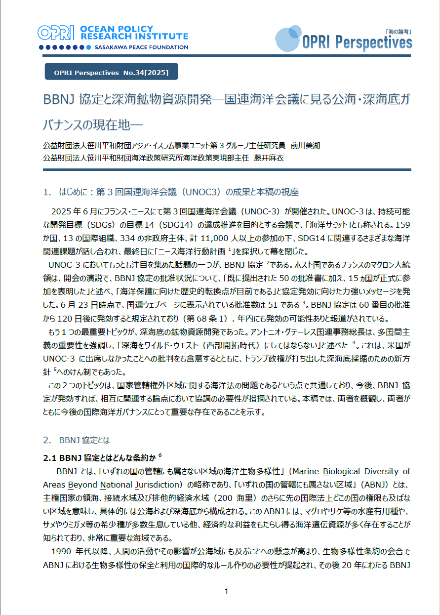 BBNJ協定と深海鉱物資源開発―国連海洋会議に見る公海・深海底ガバナンスの現在地―