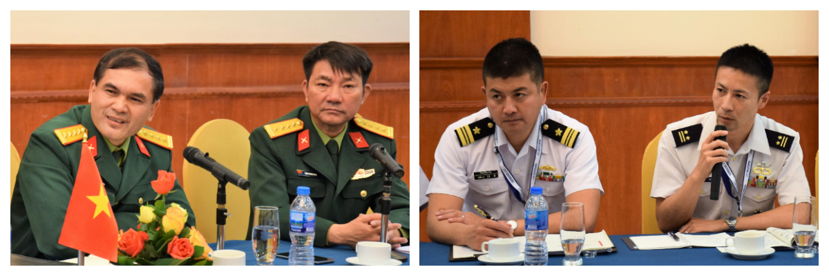 写真左は、代表団に応対する国防戦略院のグエン・コン・スアン国際副課長（左）ら。写真右は、国防国際関係研究所でベトナム側に質問する代表団のメンバー