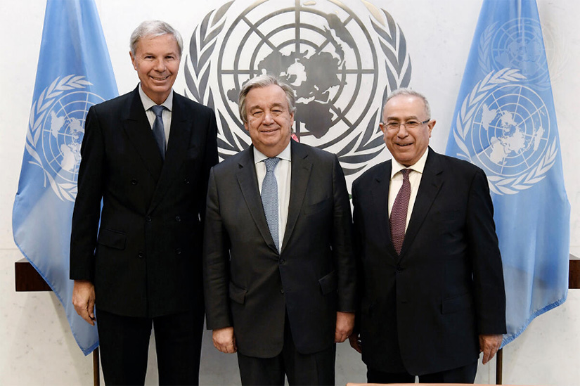 UN Photo/ Evan Schneider Caption: U.N. Photo/Evan Schneider; UN Secretary-General Antonio Guterres meets with AU Special Envoy Ramtane Lamamra (right) and UN Special Envoy Jean-Marie Guéhenno (left) about the AMISOM Trust Fund in 2018. Guéhenno is a former head of the UN Department for Peacekeeping Operations, and Lamamra is a former commissioner for peace and security of the AU Commission. Both were chosen for their positions based on their extensive knowledge of the history of UN and AU involvement in Somalia.