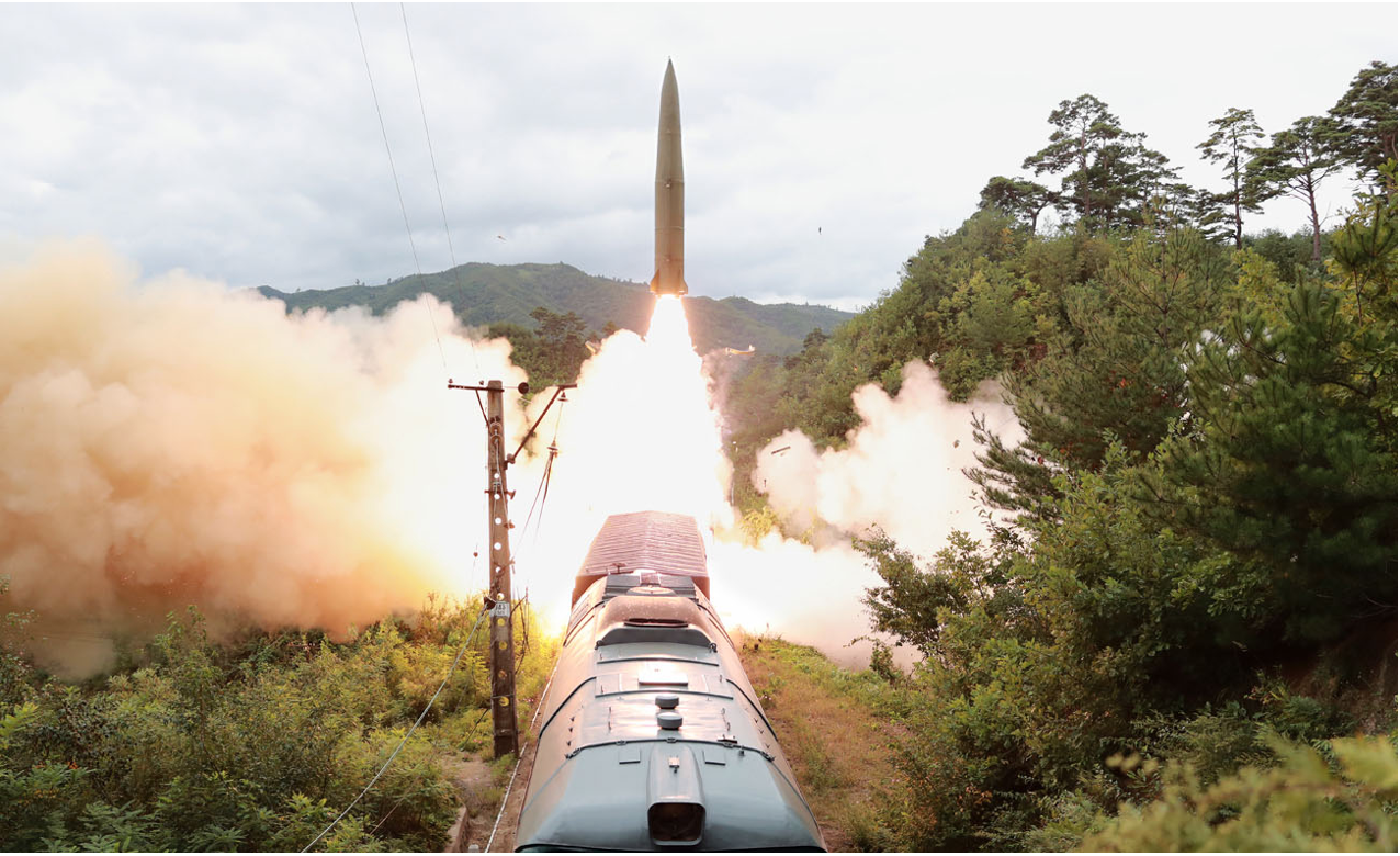 A state-media photo of a railway-borne firing drill in September 2021.