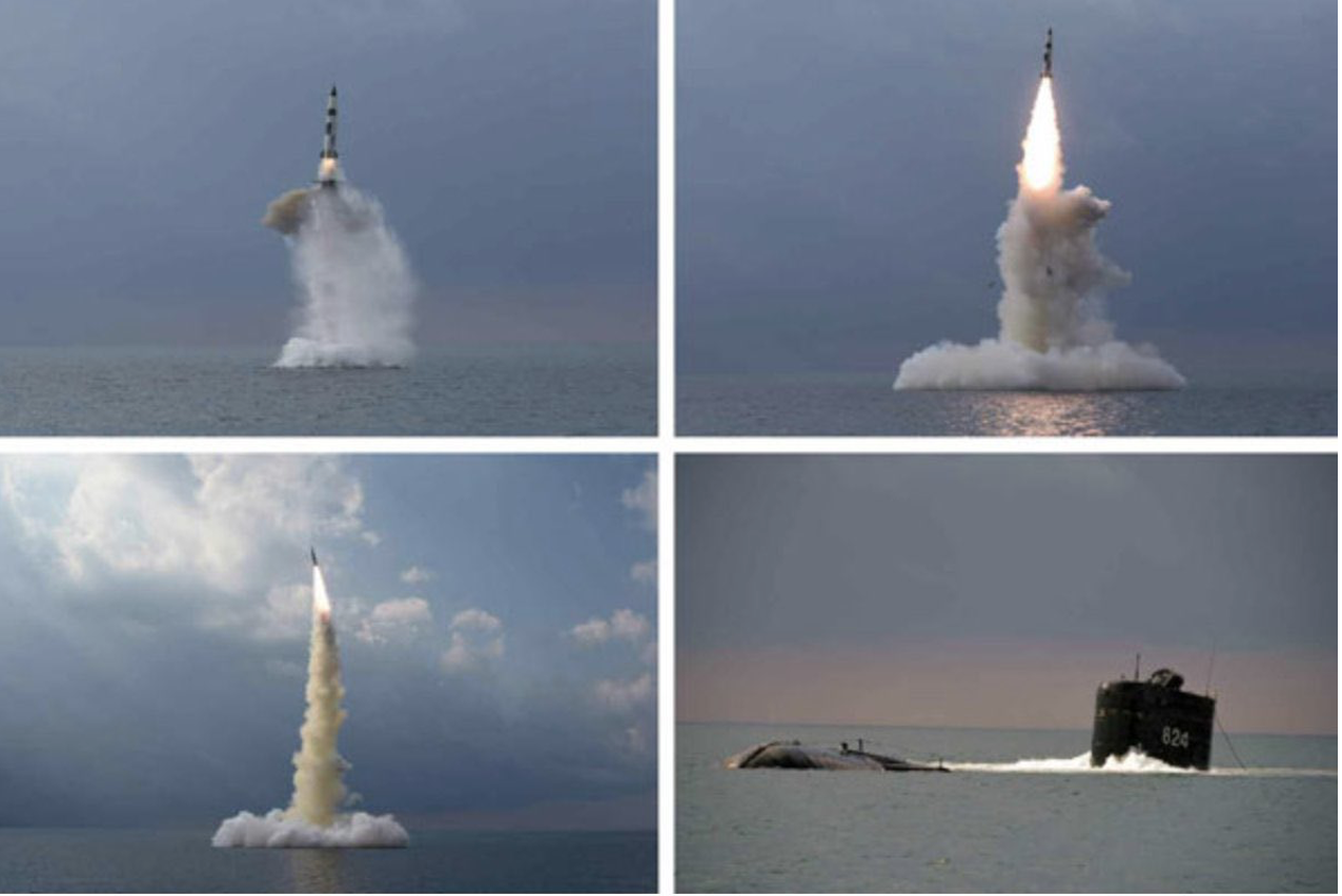 North Korean photos of a missile being launched from a submarine.