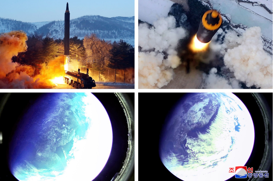 North Korean photos of the Hwasong-12, along with images of the Earth taken by a camera installed on the missile’s warhead. (KCNA)