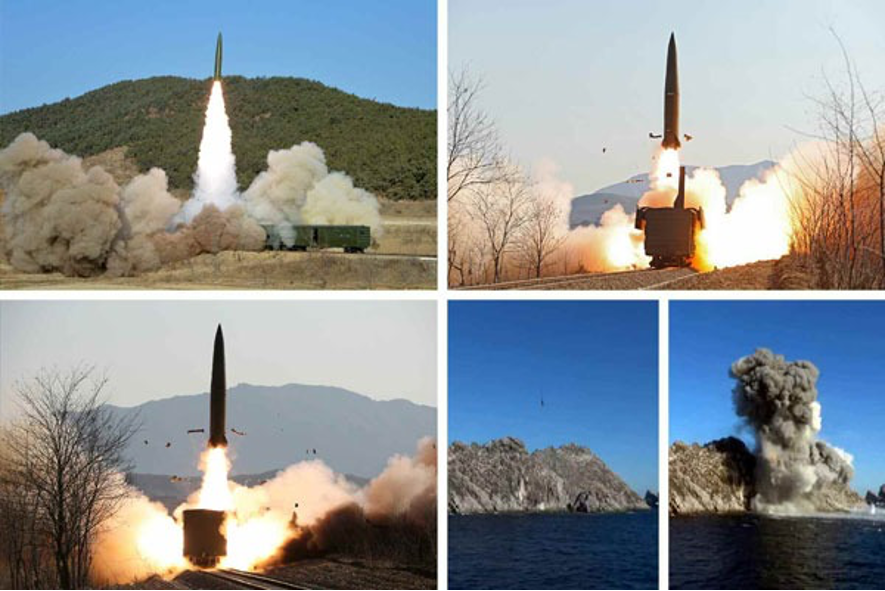 ※北朝鮮が公表した「鉄道機動ミサイル連隊の検閲射撃訓練」の写真（朝鮮中央通信）。