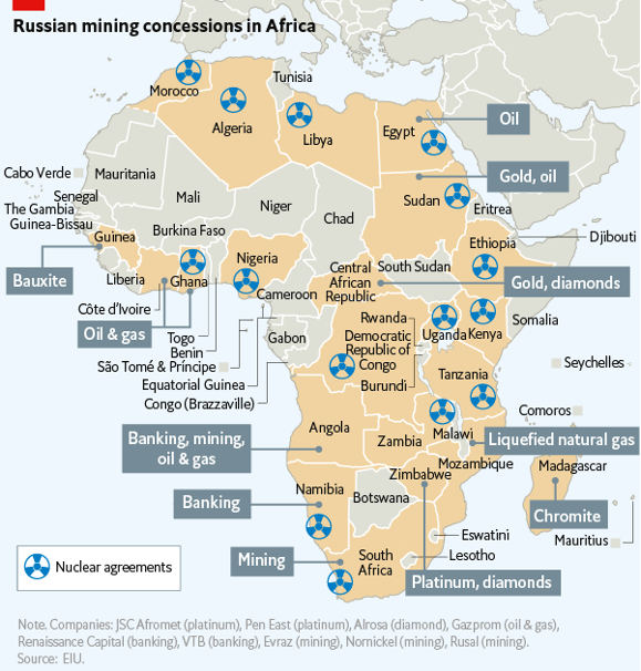 図２：アフリカにおけるロシア鉱業権（出典：エコノミスト、2022年）
