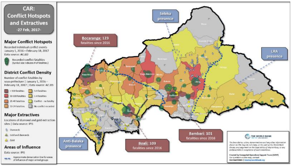 図３：中央アフリカ共和国における戦闘地域と鉱山の地図（出典：世界銀行）
