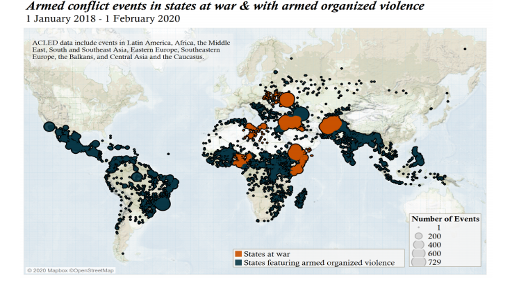 図 1: 紛争と組織的暴力が浸透している場所と紛争行為の件数・内容 （2018-2020）