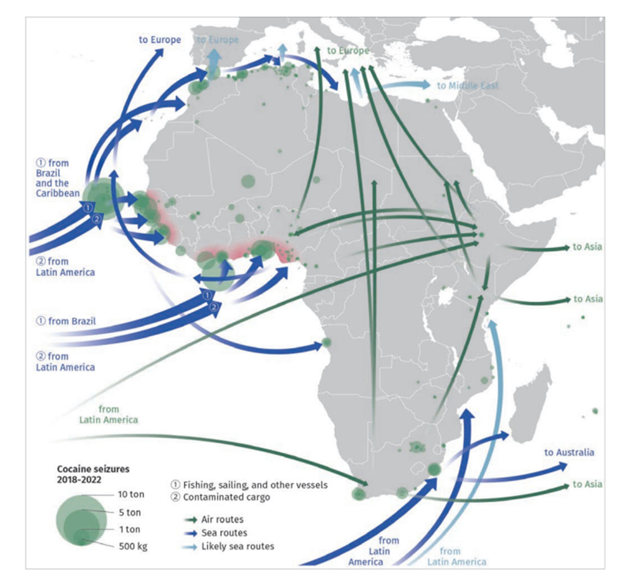 図1 アフリカ経由の主なコカイン流通ルートと押収量（2018-2022）