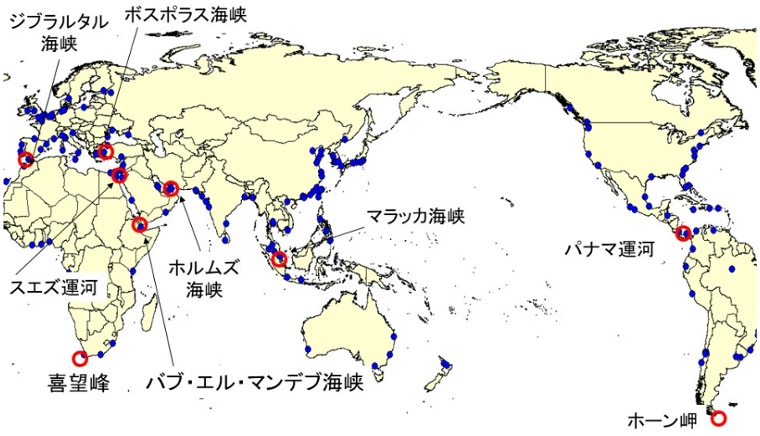 ジブラルタル海峡、ボスポラス海峡、スエズ運河、ホルムズ海峡、喜望峰、バブ・エル・マンデブ海峡、マラッカ海峡、パナマ運河、ホーン岬