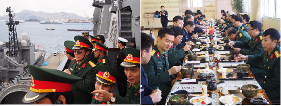 （写真左：海上自衛隊呉地方隊（艦艇見学）、右：航空自衛隊幹部候補生学校（学校教官との会食））