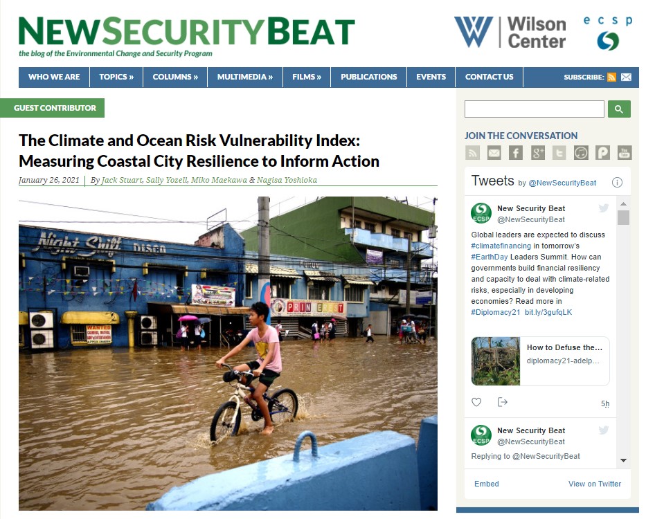 A co-authored article "The Climate and Ocean Risk Vulnerability Index: Measuring Coastal City Resilience to Inform Action" was published from New Security Beat