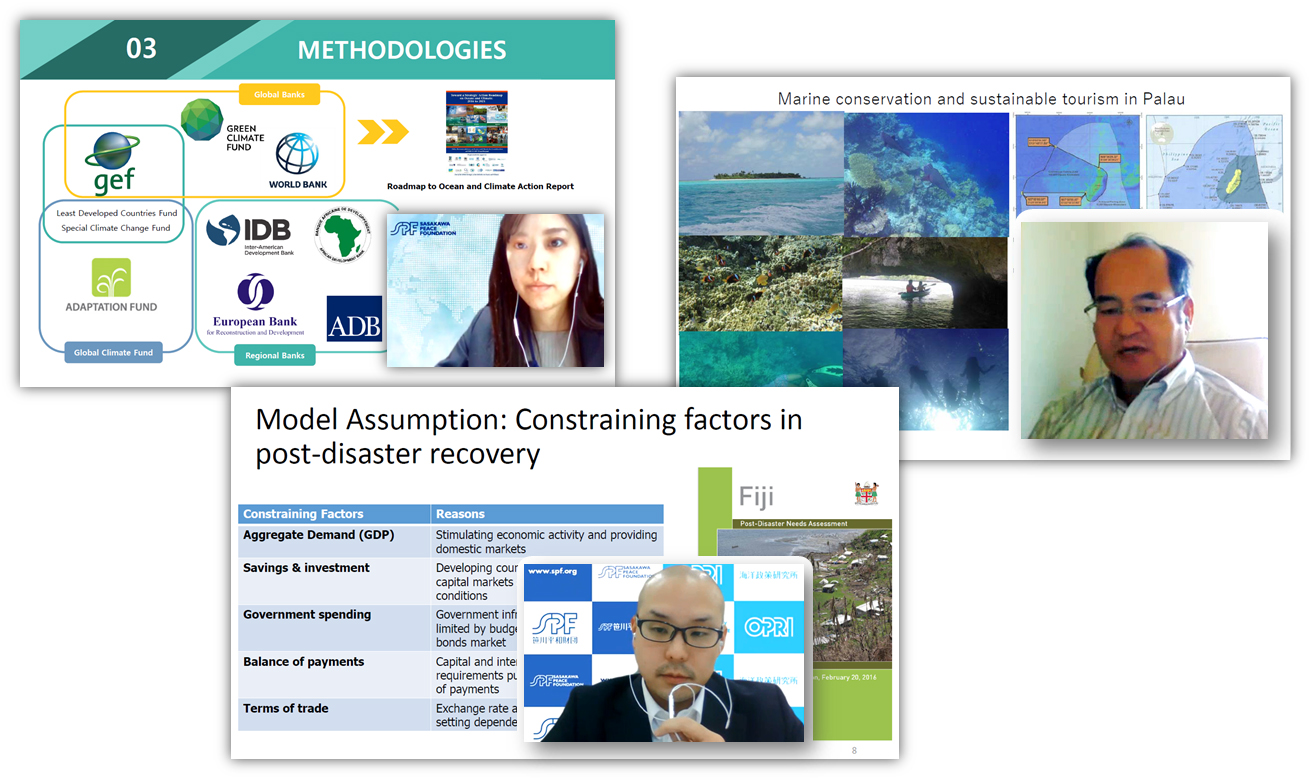 Presentations by OPRI-SPF: Nagisa Yoshioka, Research Fellow (left) / Masanori Kobayashi, Senior Research Fellow (right) / Hajime Tanaka, Research Fellow (lower).