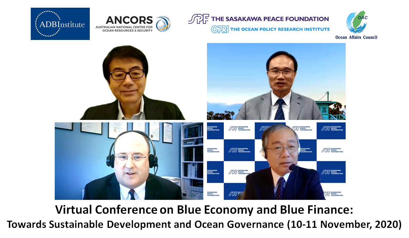 Opening Remarks: Tetsushi Sonobe, Dean, ADBI (upper left) / Ching-Piao Tsai, Deputy Minister, Ocean Affairs Council (upper right) / Stuart Kaye, Director, ANCORS (lower left) / Tomonari Akamatsu, Dire