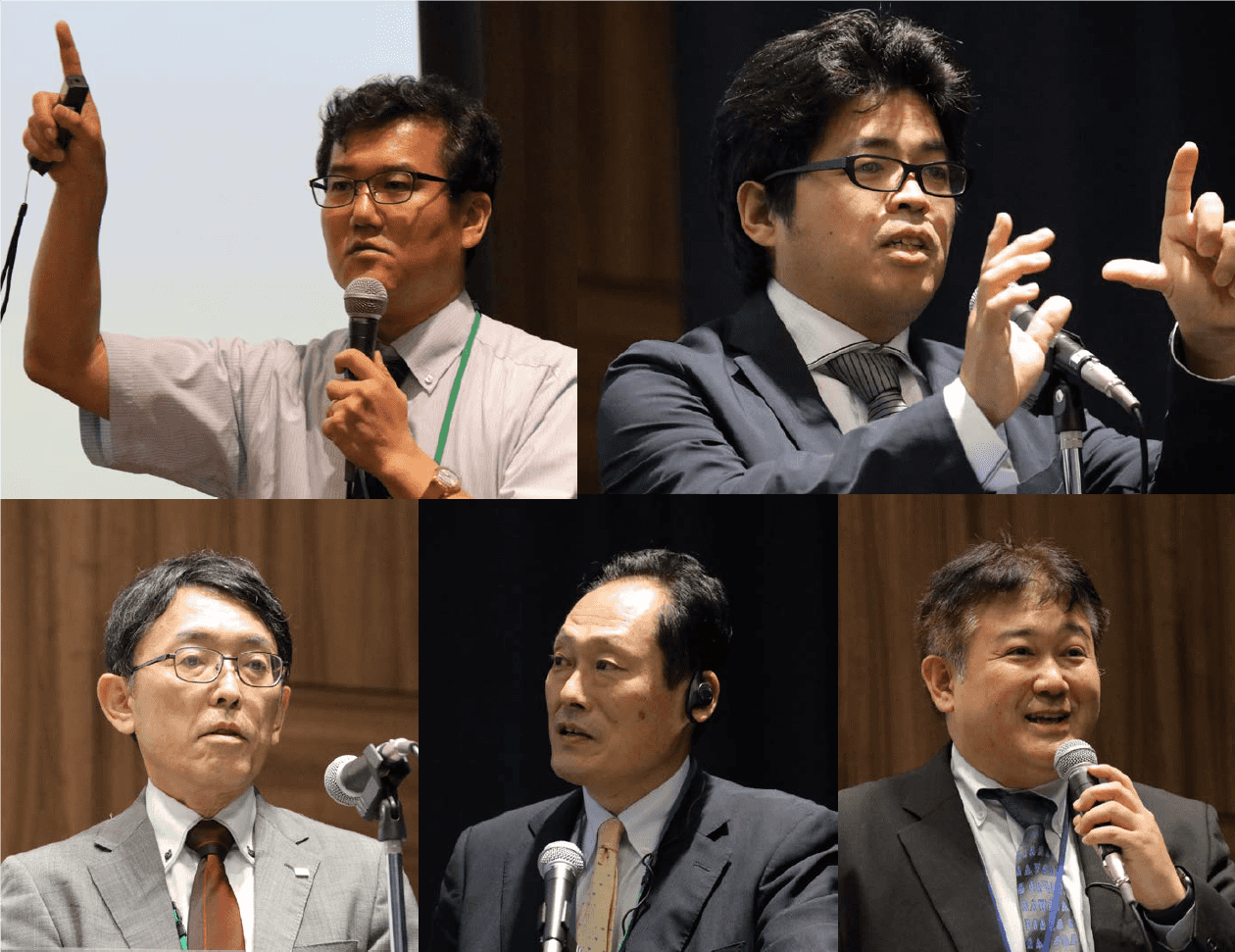 Speakers from the first half of the symposium (Upper half, from left) Mr. Toshiro Obata, Mr. Takayoshi Fukuyo (Bottom half, from left: Mr. Ichiro Naito, Mr. Yoshioki Ozeki, Mr. Takeshi Mizunari)