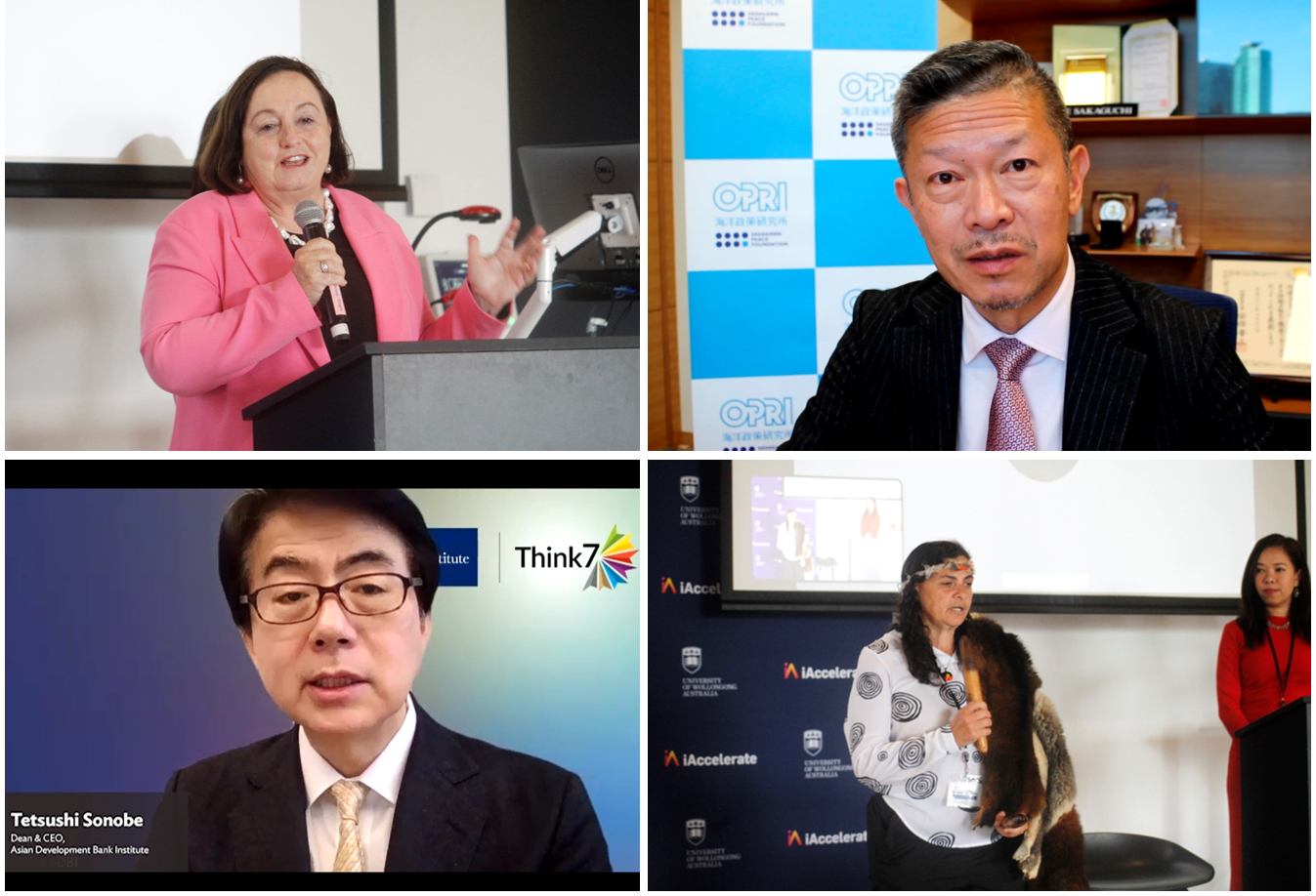 Opening remarks from the President of University of Wollongong, Prof. Patricia Davidson (upper left); Dr. Hide Sakaguchi (upper right), OPRI President; Dr. Tetsushi Sonobe, Dean of ADBI (lower left);