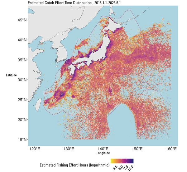 ■Figure 2: Distribution of cumulative estimated fishing effort hours by 0.1-degree mesh from January 1, 2018, to June 1, 2023.
