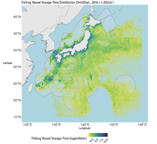 ■Figure 1: Distribution of cumulative estimated fishing vessel voyage hours per 0.1-degree mesh from January 1, 2018, to June 1, 2023.