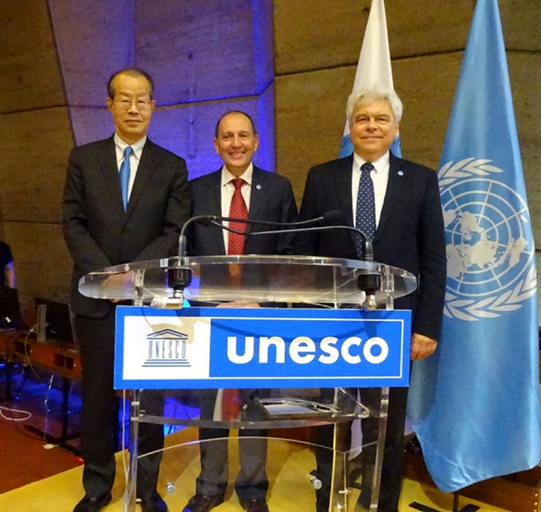 From left to right: The new Chairperson Professor Michida, former Chair Ariel Troisi, and Executive Secretary Vladimir Ryabinin