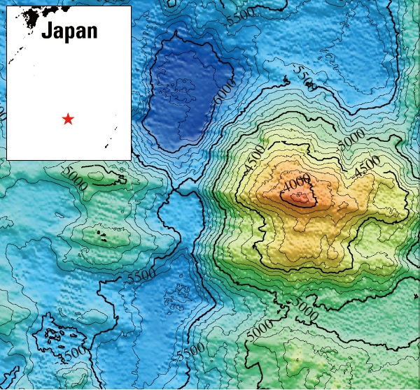 ■ Figure: These topographic highs seen south of Japan are geological structures called oceanic core complexes.