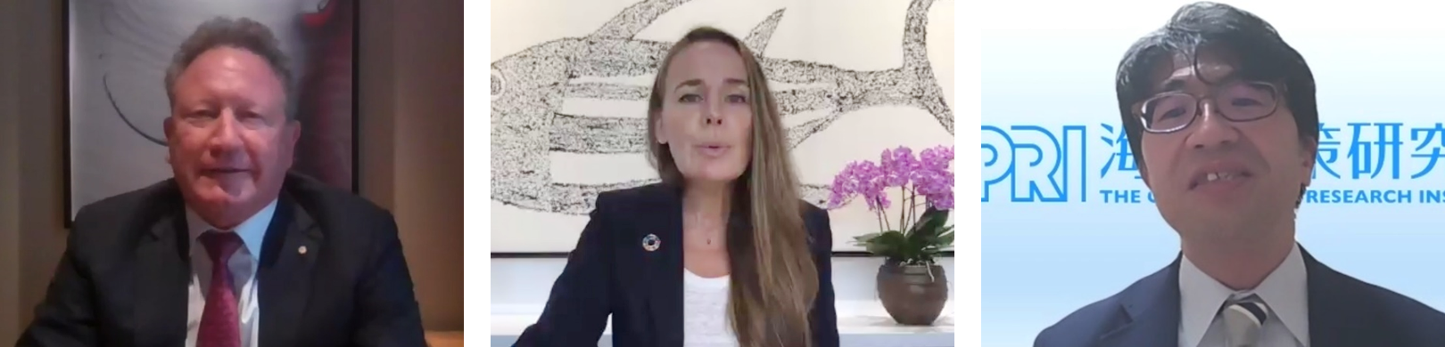 (左から) アンドリュー・フォレスト ミンデルー財団会長、ドナ・ベルタリ国連貿易開発会議(UNCTAD)特別顧問、角南篤 笹川平和財団理事長・海洋政策研究所所長。写真