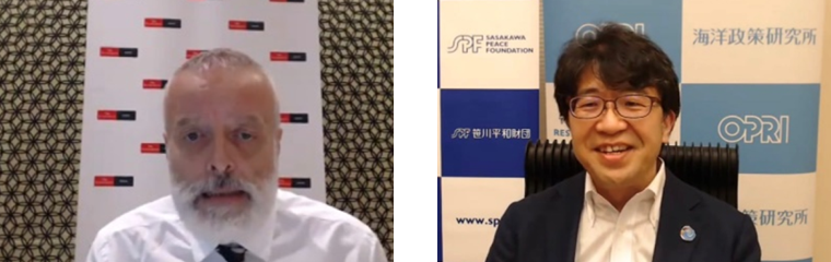 (左)チャールズ・ゴダード エコノミストアジア太平洋編集長、(右)角南篤 笹川平和財団理事長写真