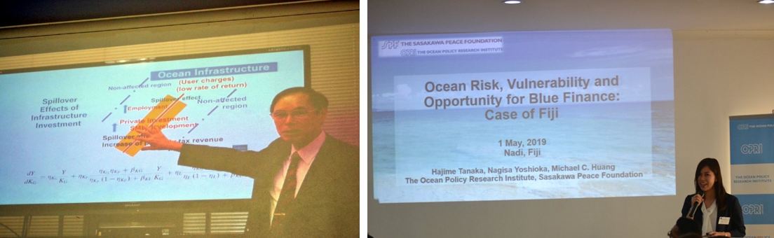 海洋インフラ投資とブルーファイナスの重要性を述べた吉野ADBI所長とOPRI吉岡研究員の発表写真