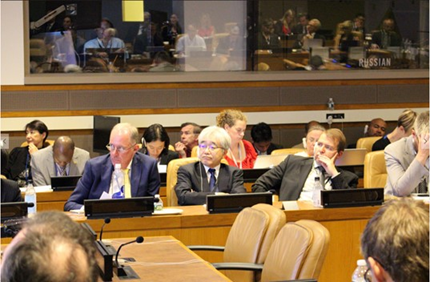 発表に聞き入る参加者（前列：ロナン・ロング博士、外務省長沼条約交渉官、マシアス・パルソン・アイスランド代表）写真