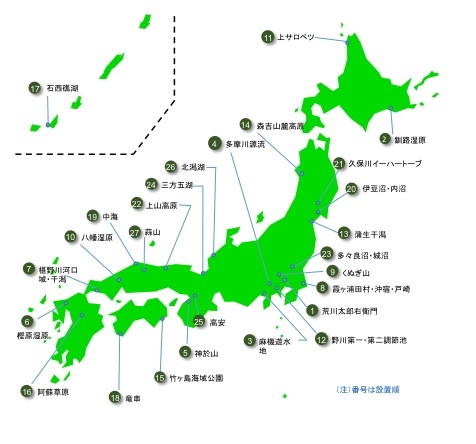 ■図1　施行から20年間に、森林、草原、河川、湖沼、湿原や干潟、サンゴなど、さまざまな生態系を対象に自然再生協議会が設置された（2023年3月末時点、環境省提供）。