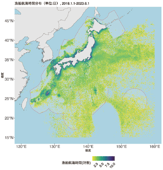 ■図1 2018年1月1日~2023年6月1日の0.1度メッシュごとの累積推定漁船航海時間の分布