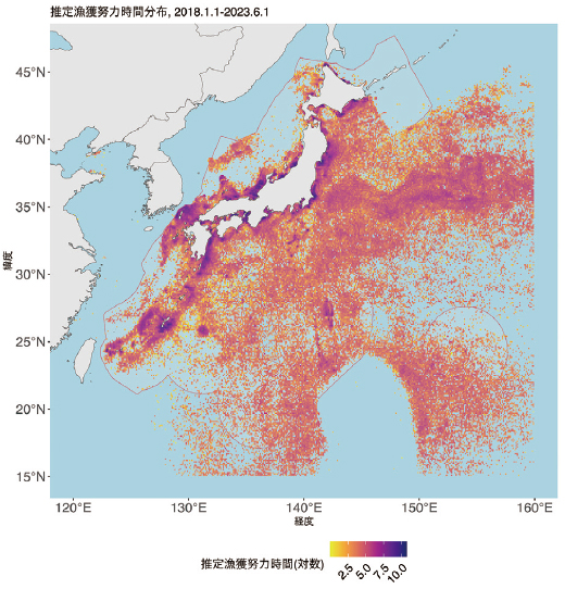 ■図2　2018年1月1日～2023年6月1日の0.1度メッシュごとの累積推定漁獲努力時間の分布