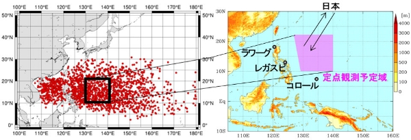 ■図2 (左)気候学的な台風発生地点(赤丸、1951~2021年、デジタル台風※4より作成)。(右)海洋地球研究船「みらい」定点観測で行うVMドローン外洋試験の実施予定海域。