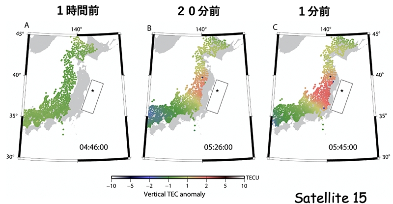 ■図1 東日本大震災の直前に観測された電離圏の異常(北海道大学・日置による)。最近の詳細な研究から、異常は主に陸域に発現している可能性が高いことが判明した。