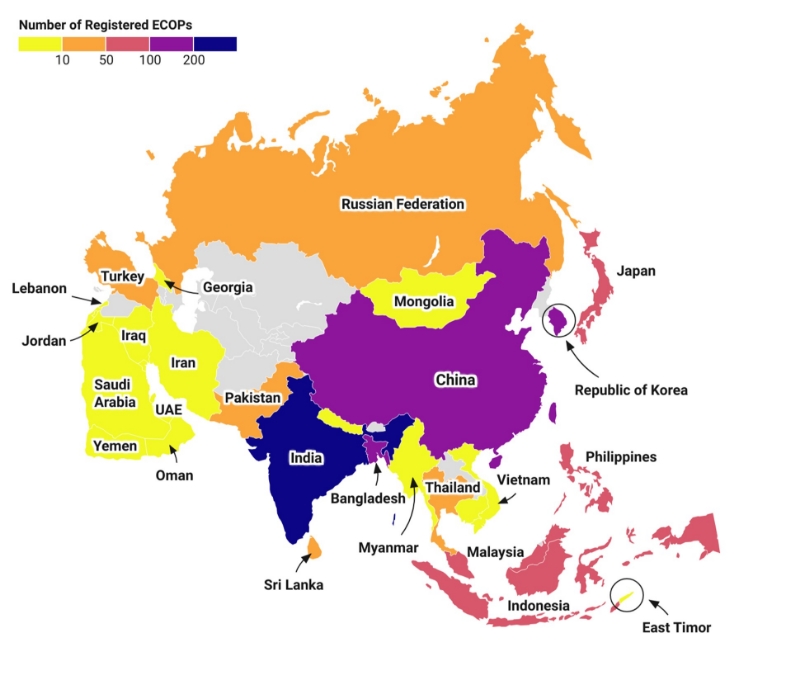 ■図1 ECOP Asia会員の分布(2024年4月)。Datawrapperにより作成