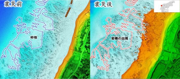 ■図1 地震前後の地形変化(輪島市門前町黒島町付近)