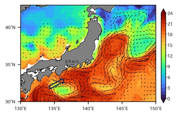 ■図1　黒潮大蛇行時の海流速度・水温分布（2023年5月，水深100m）