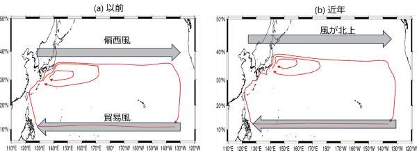 ■図2　偏西風と貿易風による亜熱帯海洋循環の模式図
